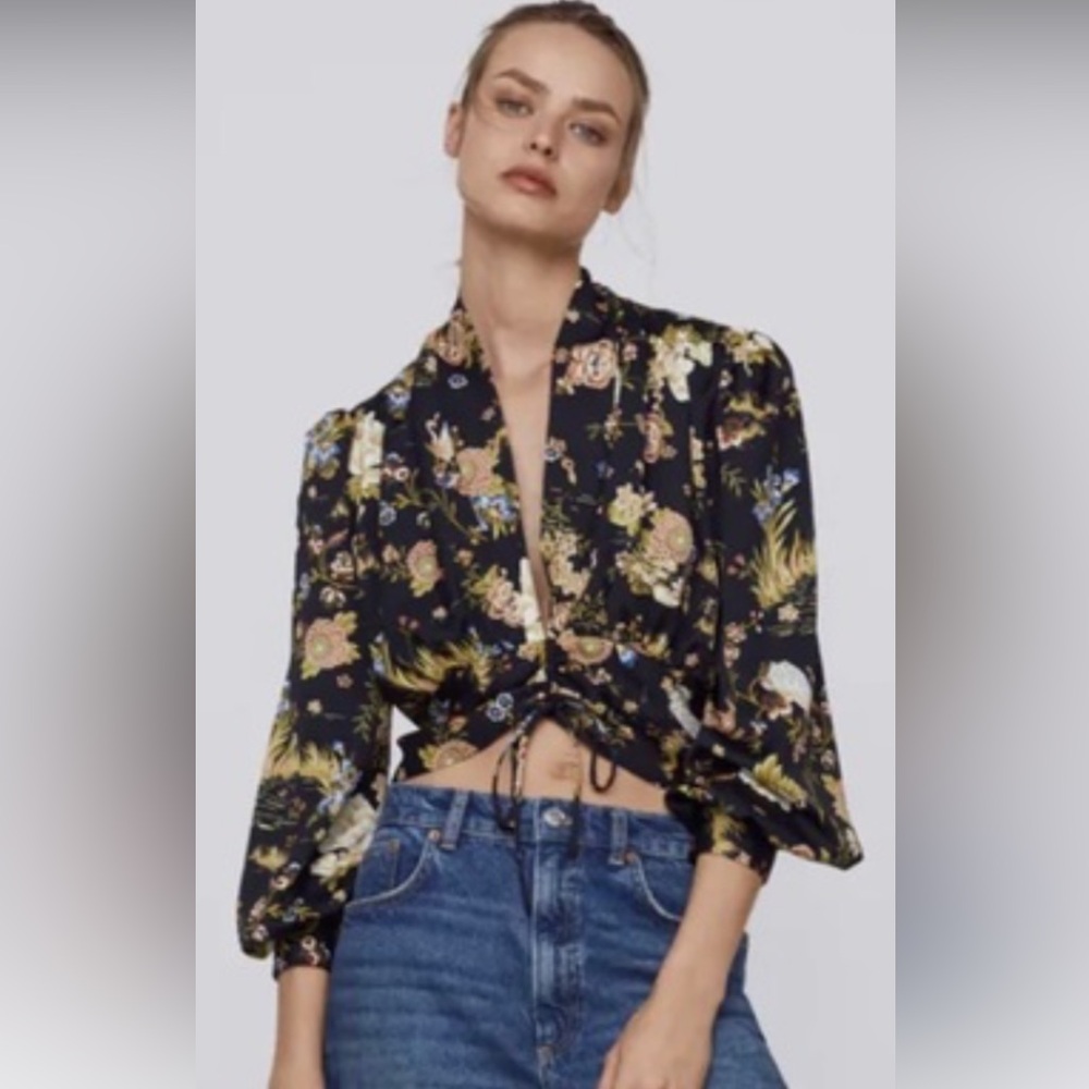 Zara Black Floral Blouse with Ruching